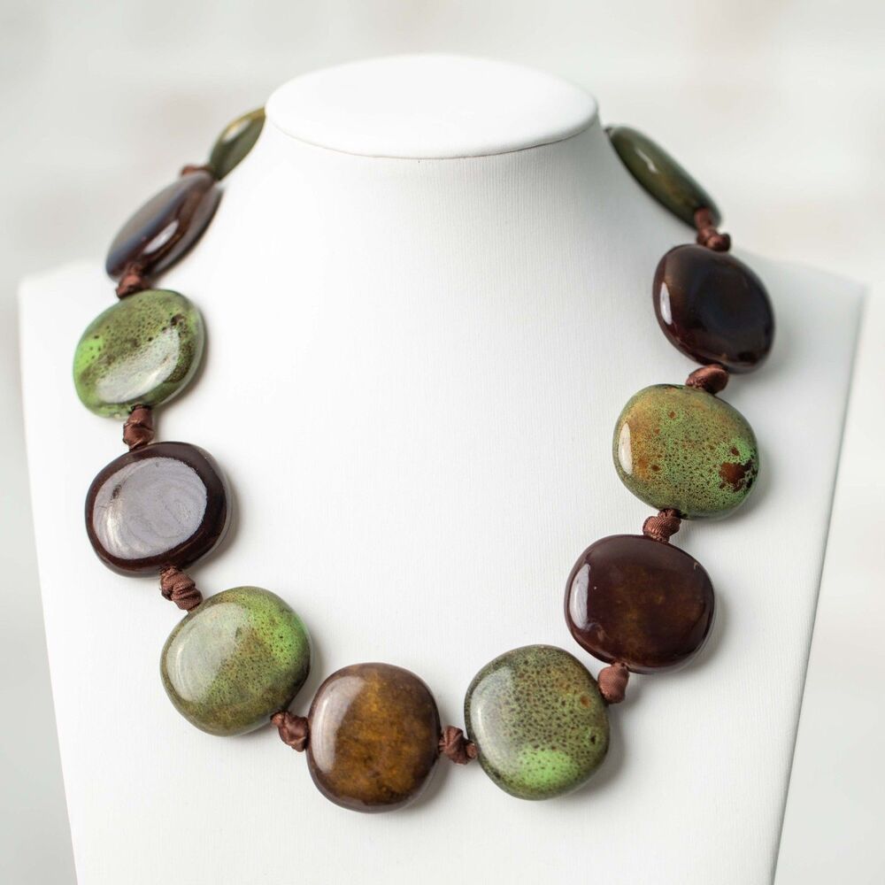 Chunky Statement Necklace Large Ceramic Pebble Stone Beads Green & Brown Jewelry
